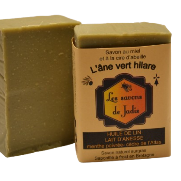 SAVON SURGRAS ARTISANAL "L'ANE VERT HILARE" MIEL, CENDRES, CEDRE, MENTHE - BIO DE BRETAGNE