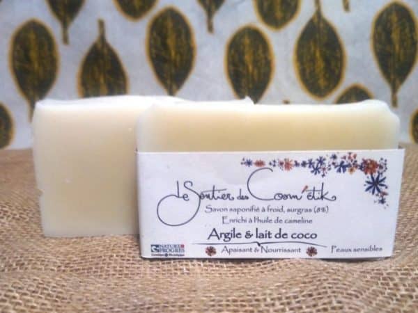SAVON ARTISANAL DOUX SANS HUILES ESSENTIELLES Argile Lait de coco Cameline BIO FABRIQUE EN BRETAGNE