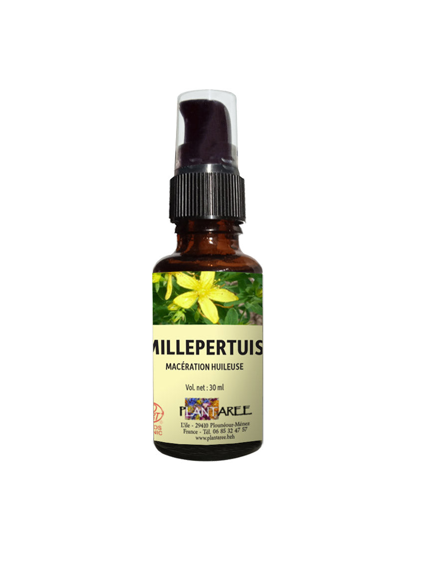 HUILE DE SOIN DOULEURS NERVEUSES  et PEAUX TRES ABIMEES Millepertuis BIO BRETAGNE