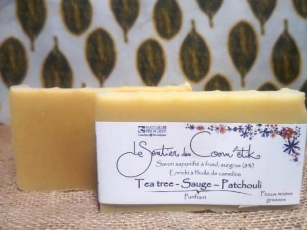 SAVON ARTISANAL PEAUX GRASSES Tea tree Sauge Patchouli BIO FABRIQUE EN BRETAGNE
